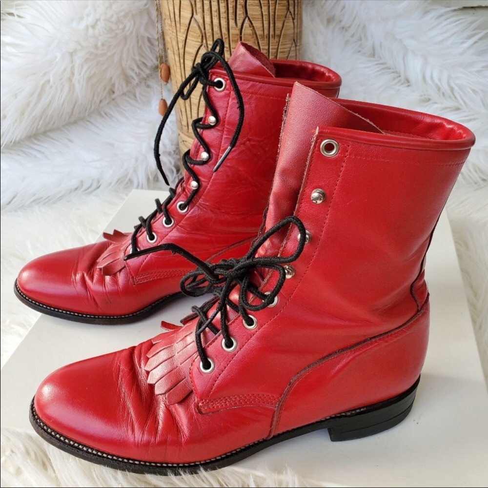 Vintage Justin red lace up Kiltie roper boots